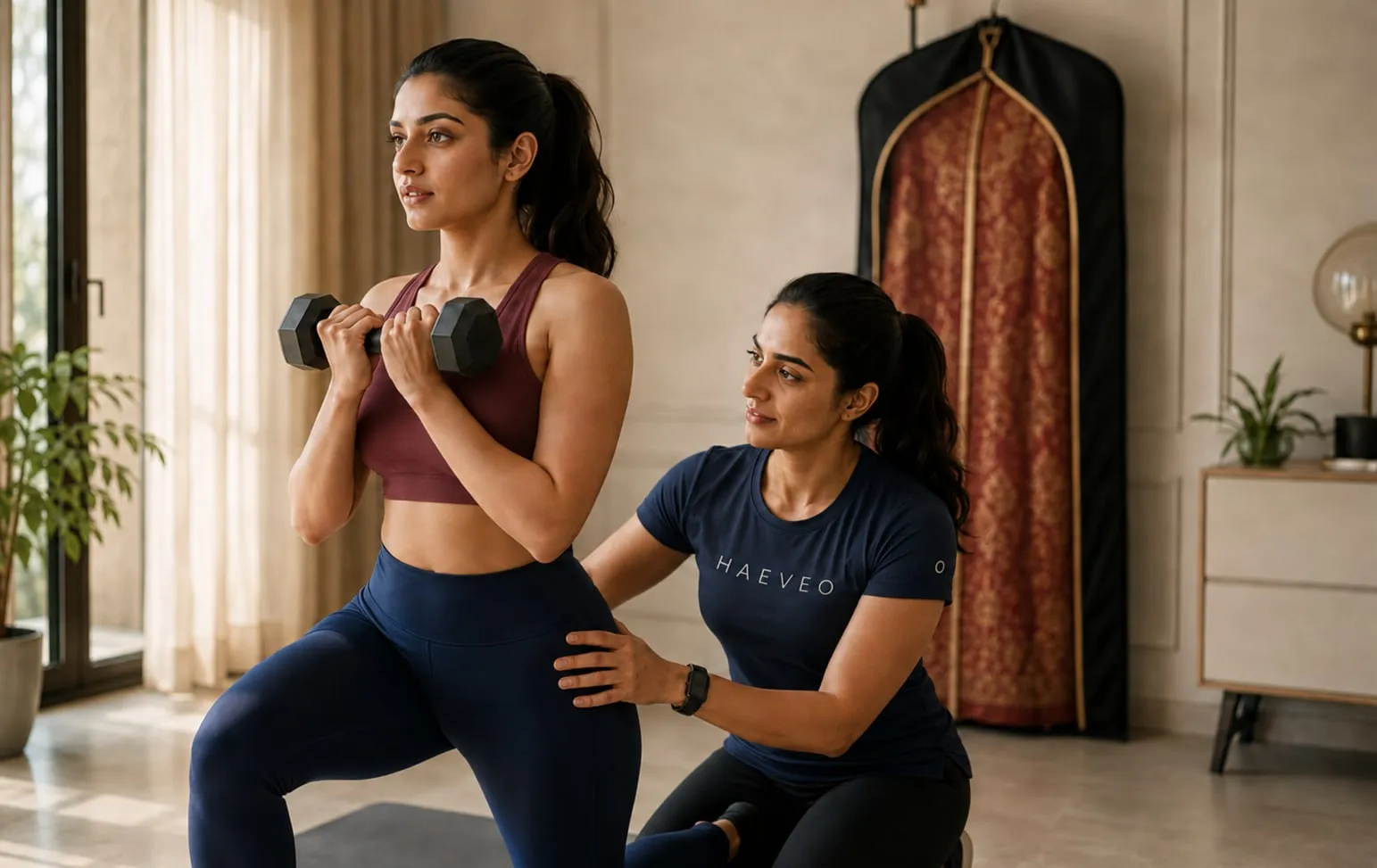 A Haeveo trainer steadying a woman through a lunge in her living room