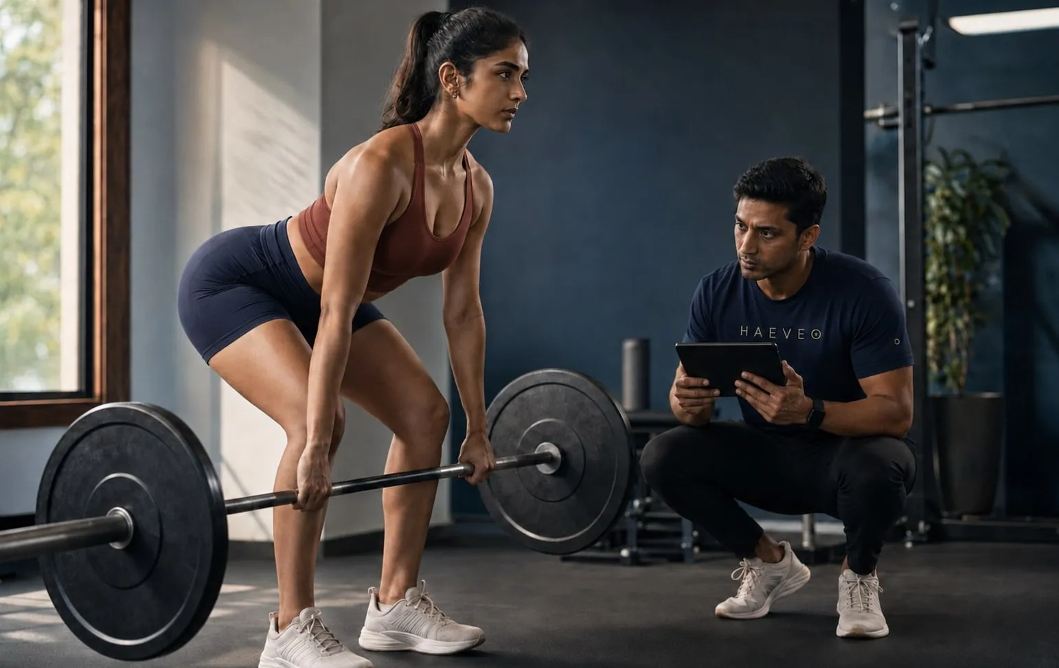 A Haeveo coach watching a woman set up a deadlift, tablet in hand