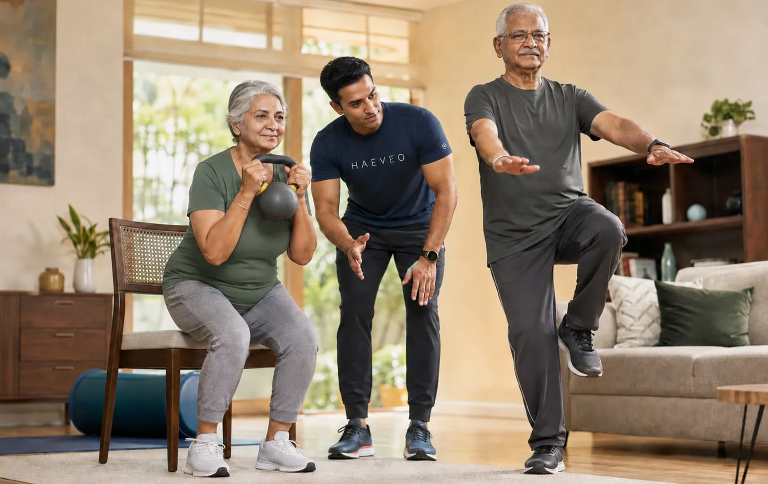 A Haeveo trainer coaching an older couple through strength and balance work in their living room